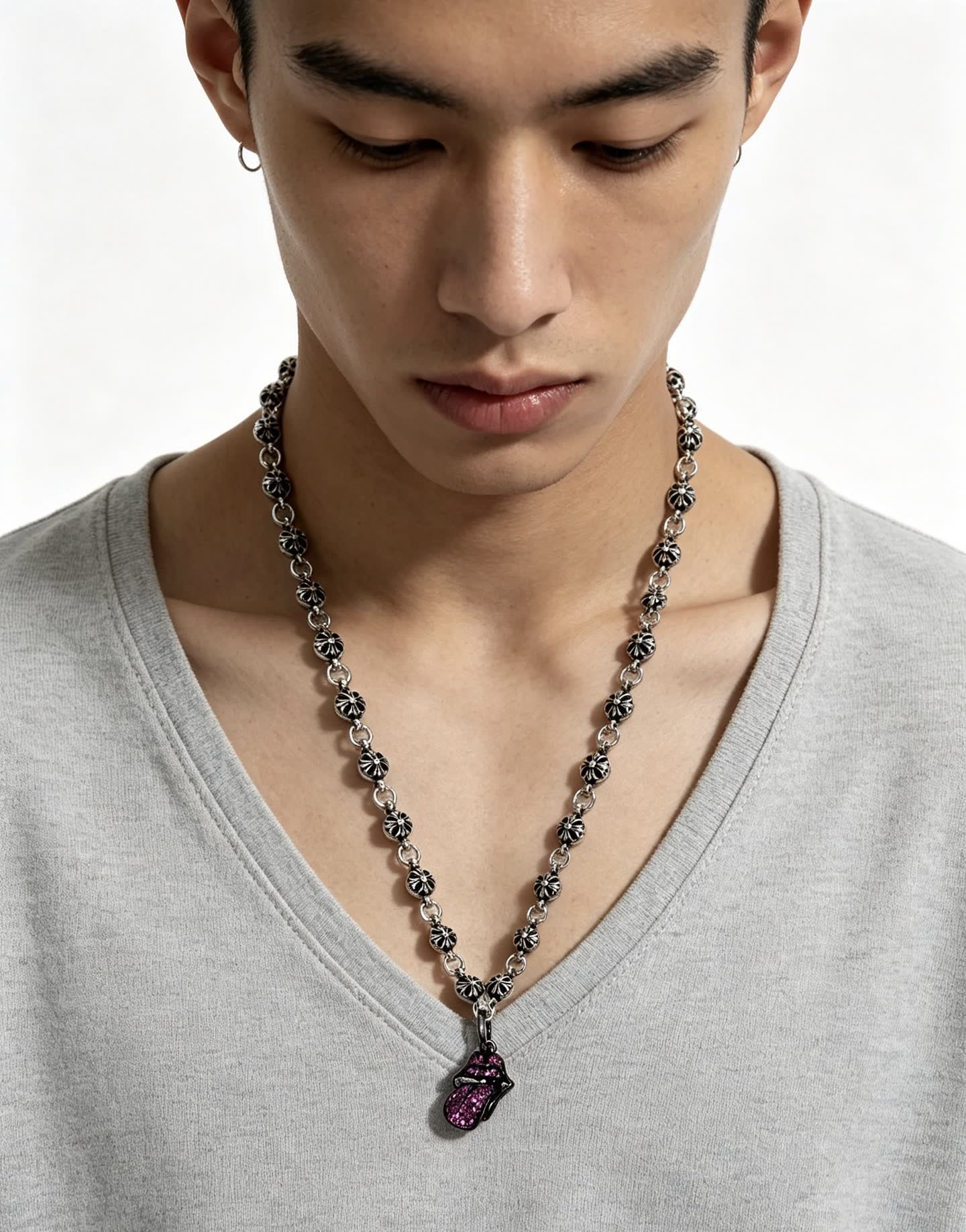 Chrome Hearts Silver Flower Chain with Pink Crystal Butterfly Pendant